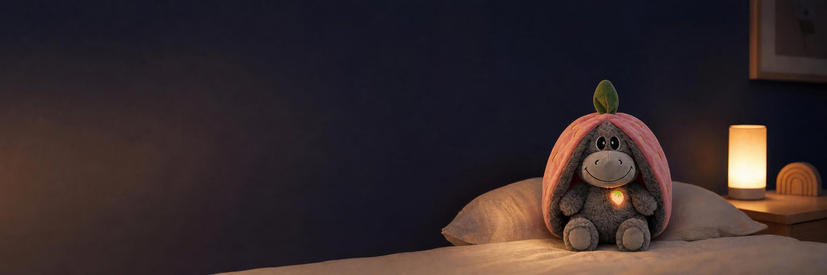 Peluche Nanaluz con la luz del pecho encendida sobre una almohada, de noche